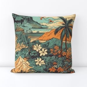 Vintage Hawaiian Landscape Teal Interior Collection Home Styling Collection old hawaii throw pillow design