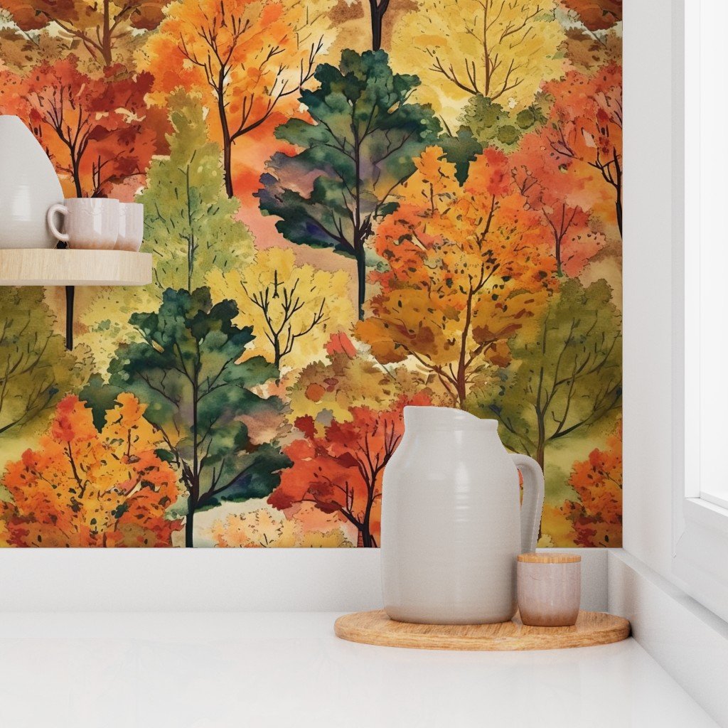 Watercolor of New England Endless Forest Fall Trees Home Styling Collection Interior Collection autumn garden wallpaper