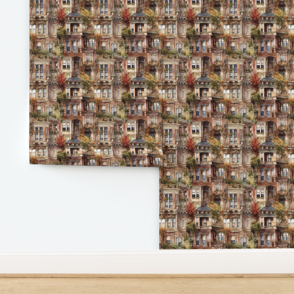 Brownstone Buildings in Varied Tones of Brown Watercolor Design Collection Interior Collection arched windows wallpaper