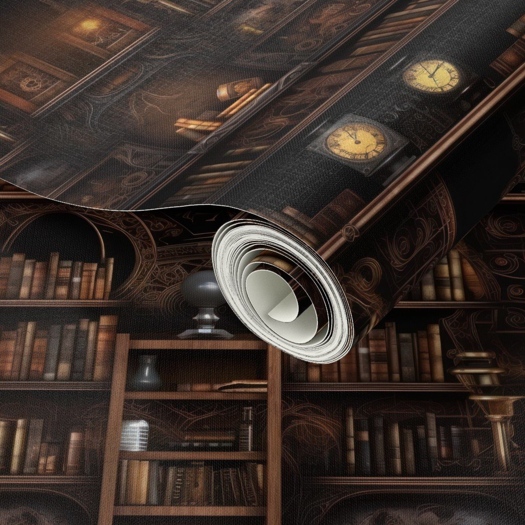 Spooky Photo realisticSmall Dark Academia Stampunk Bookshelves in Muted Design Collection Design Collection book shelves wallpaper