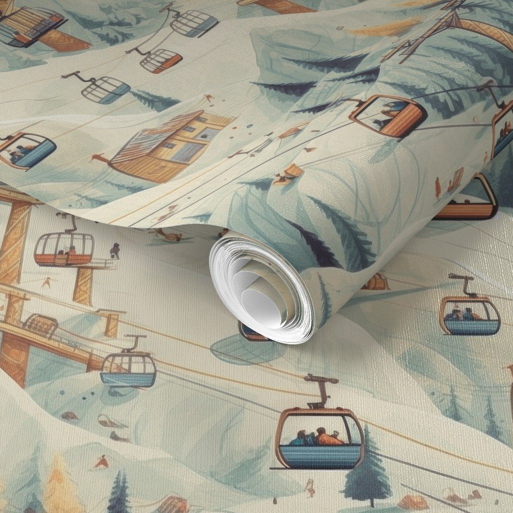 Vintage Ski Slope Cabins in Soft Pastels Wallpaper ski scene wallpaper