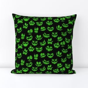 Mini Grinning Halloween Jack o Lantern Faces in Neon Green on Black Design Collection Interior Collection jack o lanterns throw pillow design
