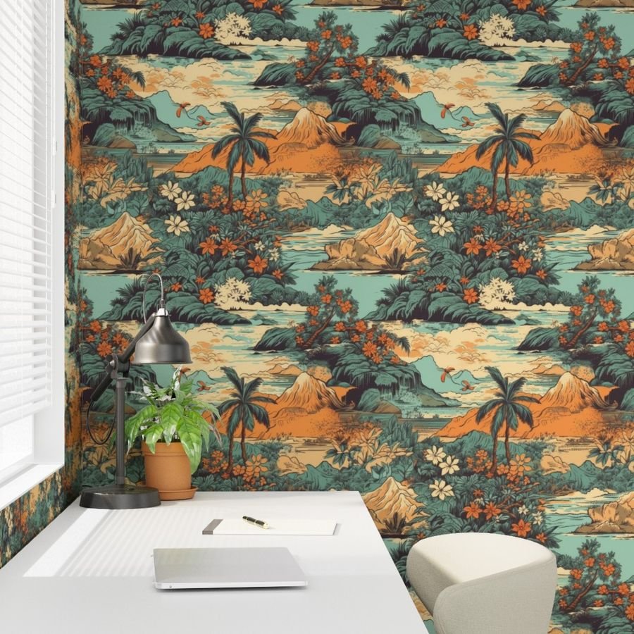 Vintage Hawaiian Landscape Teal Interior Collection Home Styling Collection teal landscape wallpaper