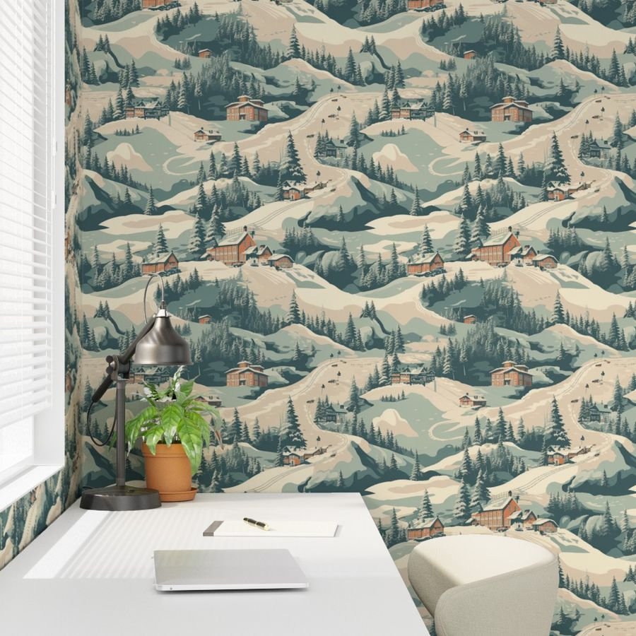 Vintage Ski Slope Blue Interior Collection Decor Collection ski scene wallpaper