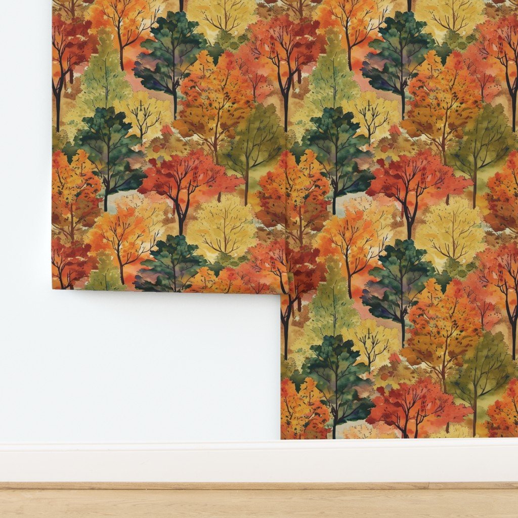 Watercolor of New England Endless Forest Fall Trees Home Styling Collection Interior Collection autumnal garden wallpaper