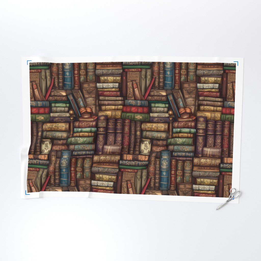 Stacked Bound Vintage Books on Library Book Shelf Fabric life size fabric