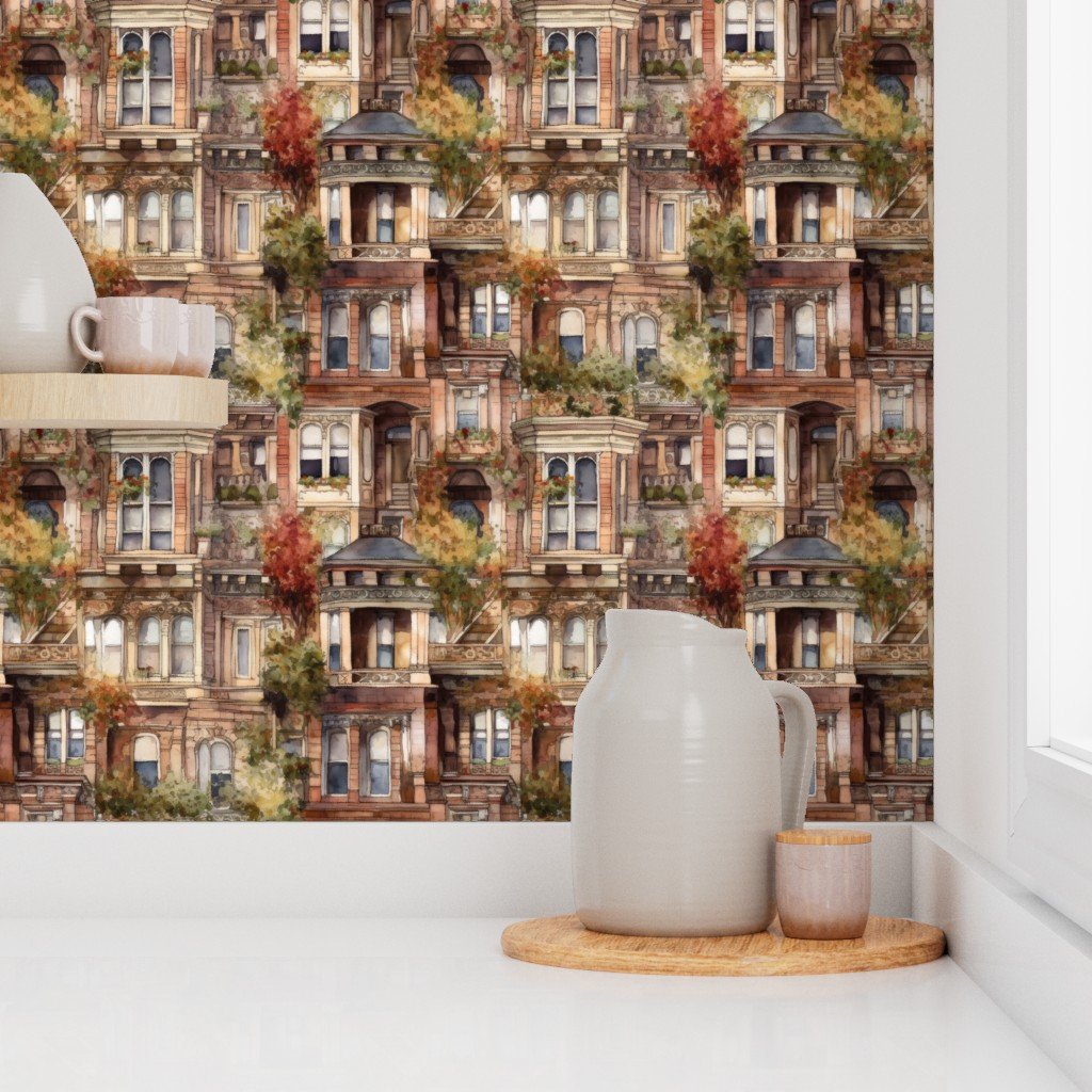Brownstone Buildings in Varied Tones of Brown Watercolor Design Collection Interior Collection bay windows wallpaper