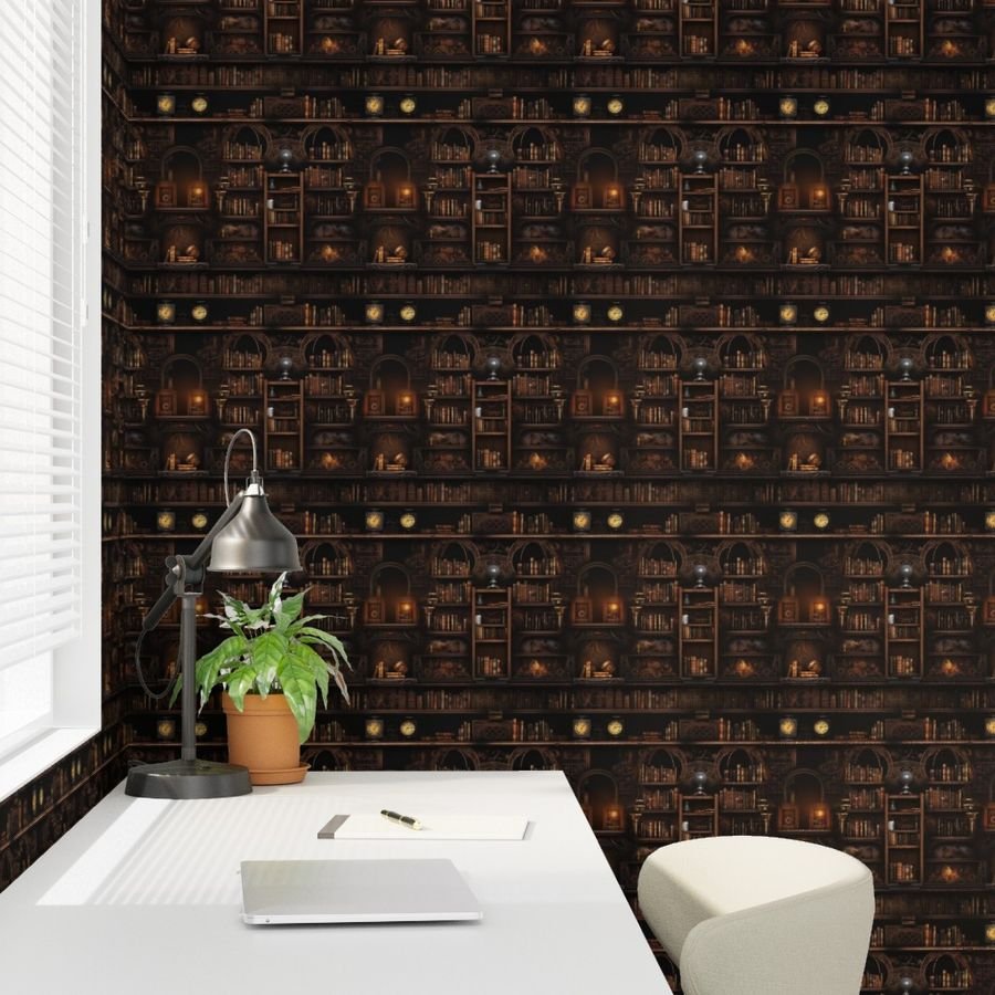 Spooky Photo realisticSmall Dark Academia Stampunk Bookshelves in Muted Design Collection Design Collection lantern skulls wallpaper