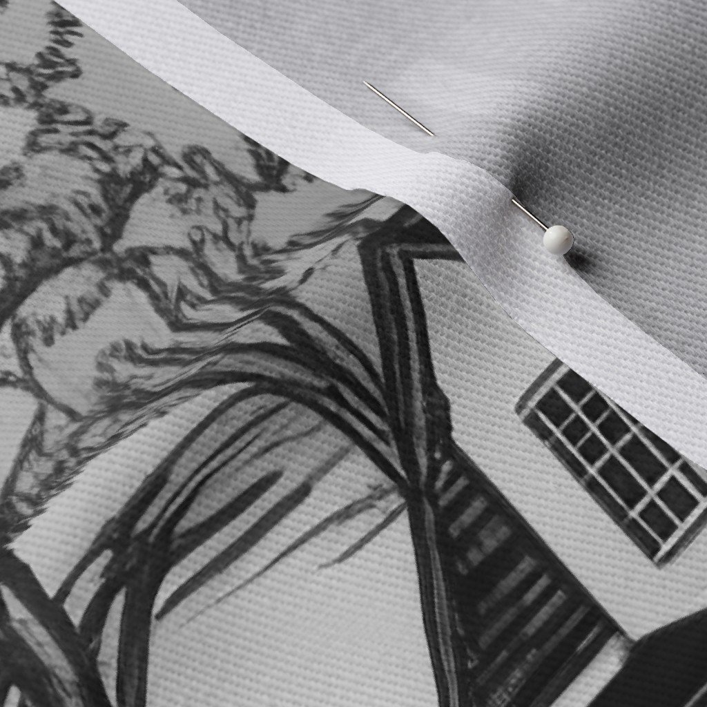New England Village Houses with Trees Grey Porcelain Glaze Fabric new england garden fabric