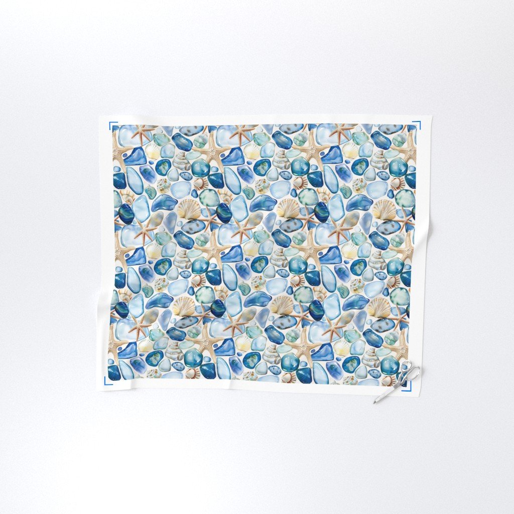 Blue and Sand Seashells and Shards of Tumbled and Scattered Watercolor Home Decor Collection Home Decor Collection blue seaglass fabric