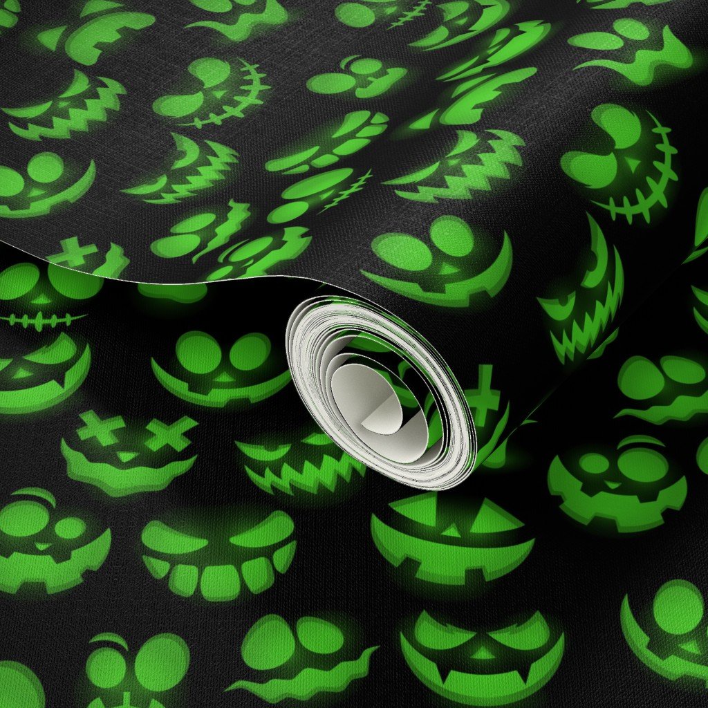 Mini Grinning Halloween Jack o Lantern Faces in Neon Green on Black Design Collection Interior Collection green faces wallpaper