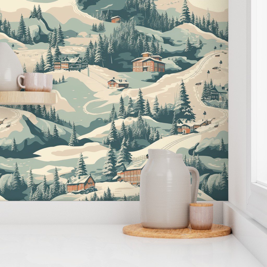 Vintage Ski Slope Blue Interior Collection Decor Collection skiiing scene wallpaper