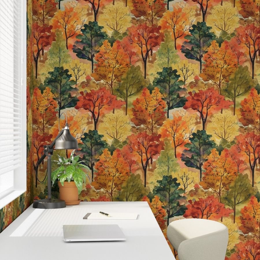 Watercolor of New England Endless Forest Fall Trees Home Styling Collection Interior Collection fall garden wallpaper