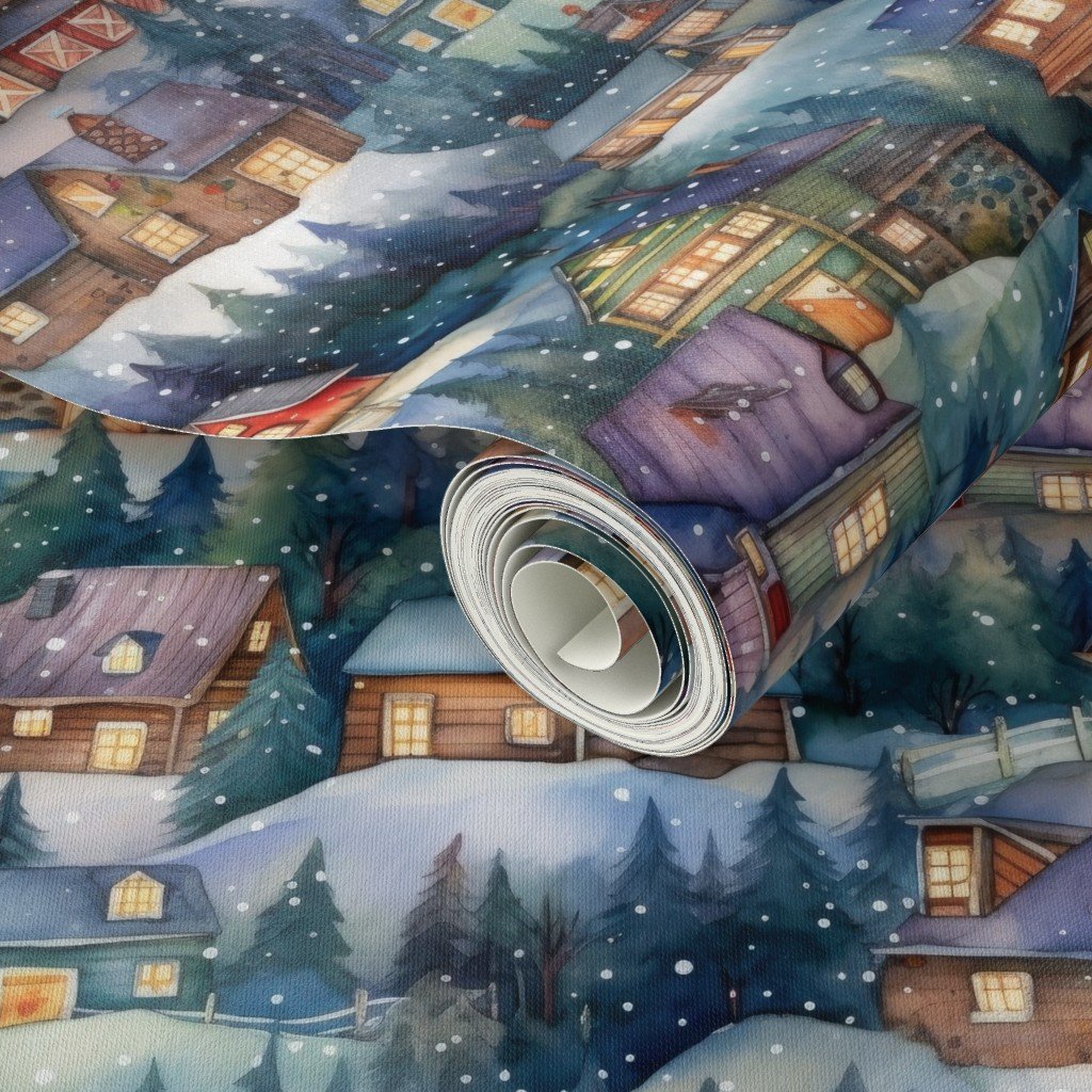 Small Christmas Rustic Country Winter Cabins Watercolor Home Decor Collection Decor Collection christmas scene wallpaper
