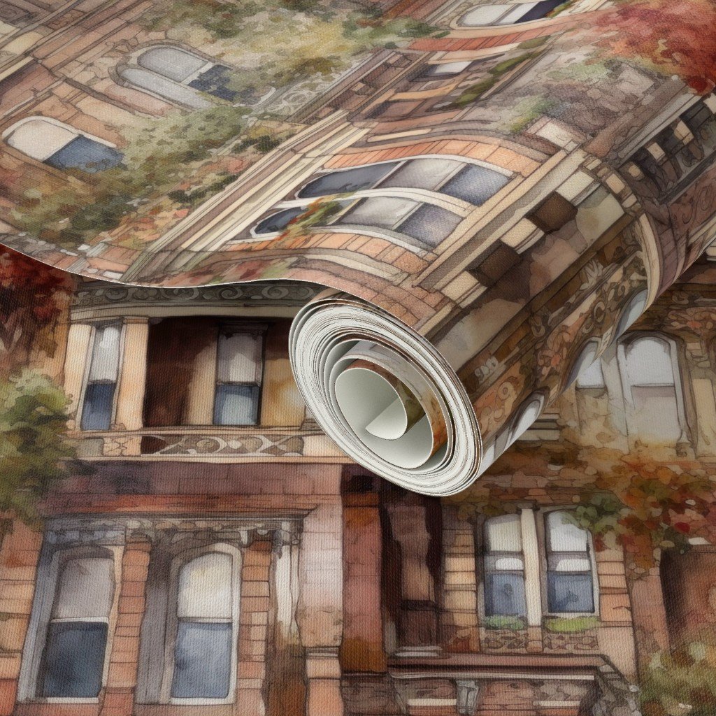 Brownstone Buildings in Varied Tones of Brown Watercolor Design Collection Interior Collection architect wallpaper