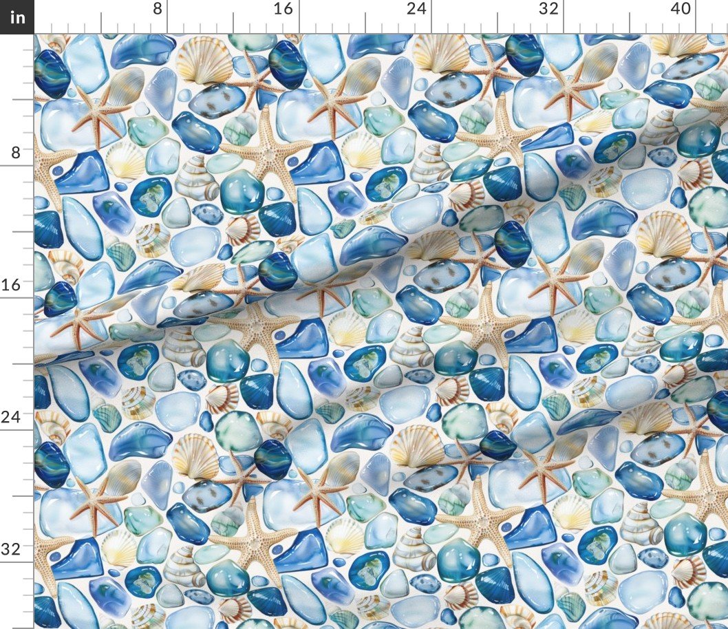 Blue and Sand Seashells and Shards of Tumbled and Scattered Watercolor Home Decor Collection Home Decor Collection seaglass pattern fabric