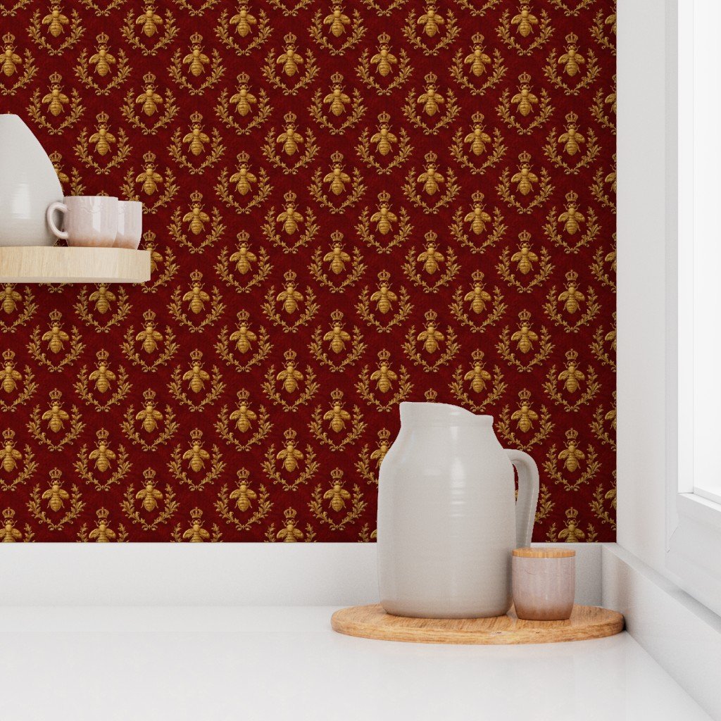 Small Napoleonic Royal Bee and Laurel Wreath Pattern on Crimson Red Home Styling Collection Home Styling Collection french empire wallpaper