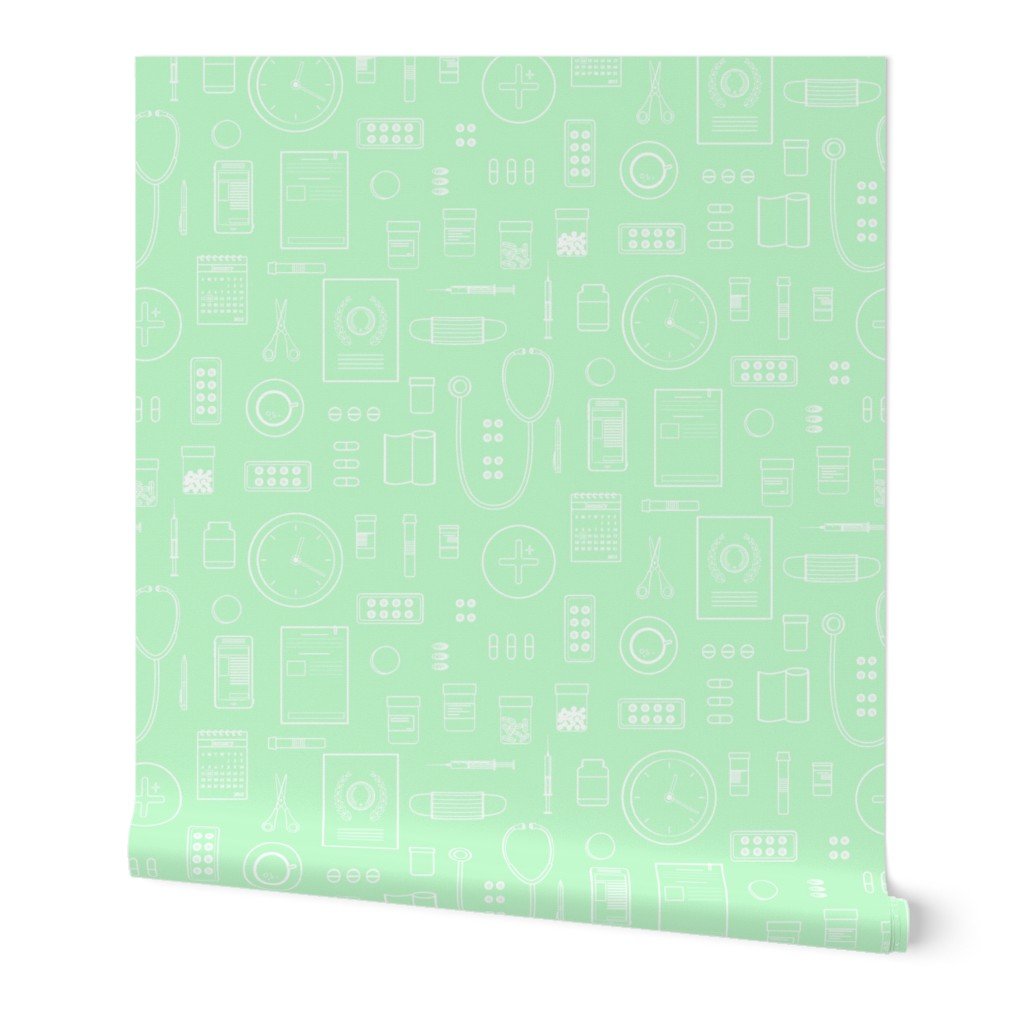 Scrubs Green with White Outlined Drawings of Medical Symbols Wallpaper medical items wallpaper