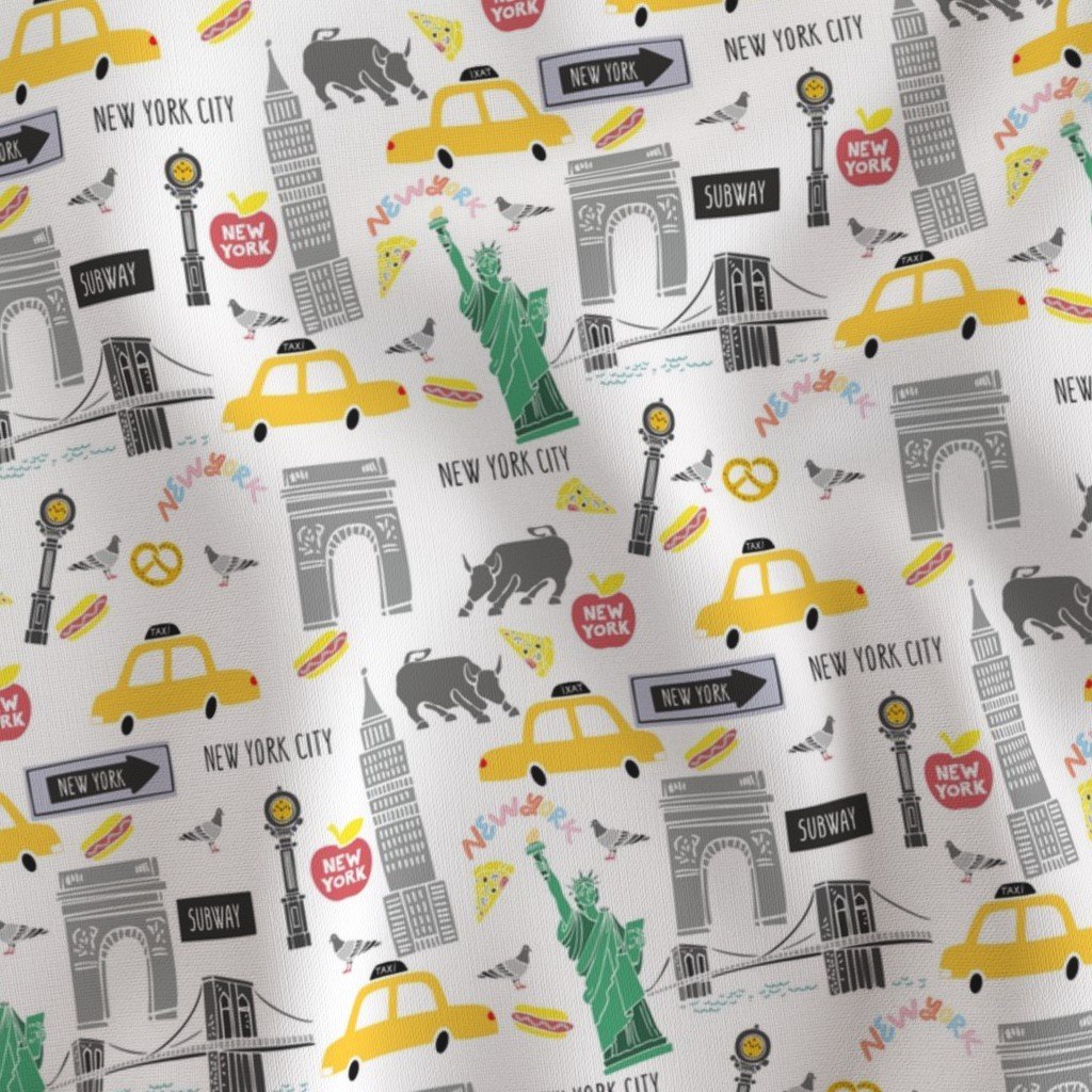 New York City Handdrawn Motifs Empire State Statue of Liberty Yellow Fabric brooklyn bridge fabric