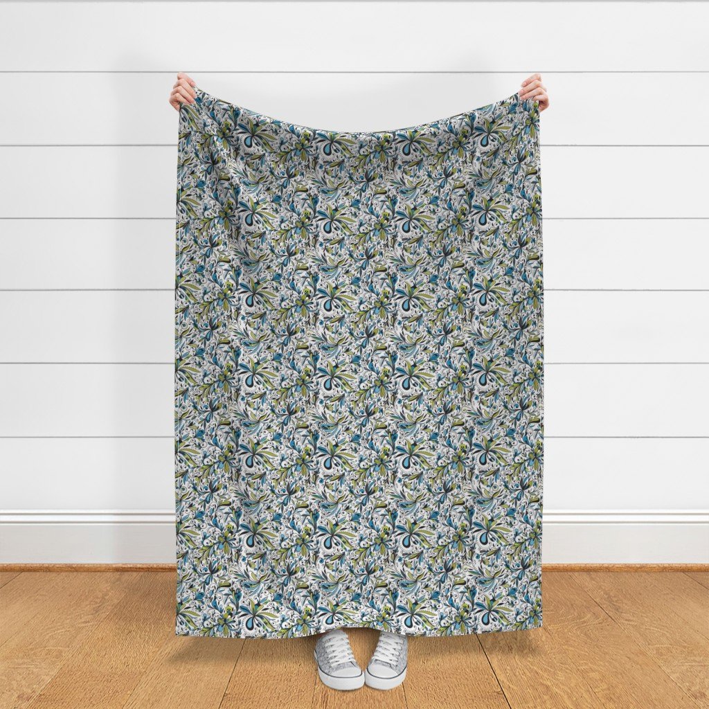 Floral Doodles Seamless Repeat Pattern in Blue and Green Fabric floral doodles fabric