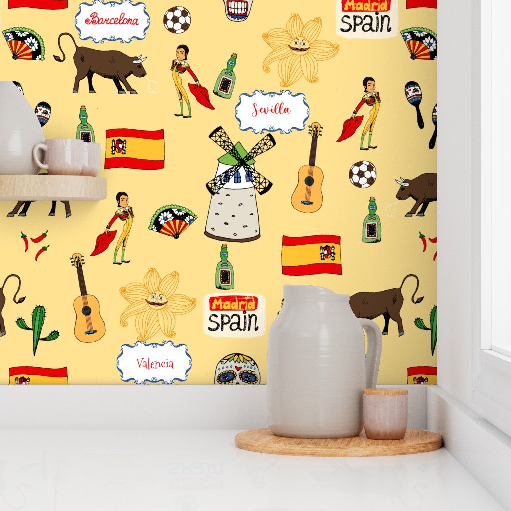 Spain Handdrawn Motifs Matador Windmill Bull Maracas Football Wallpaper sunny spain wallpaper