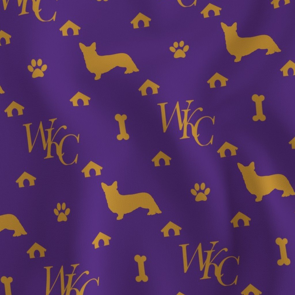 WKC Cardigan Corgis on Purple and Gold Fabric corgi print fabric