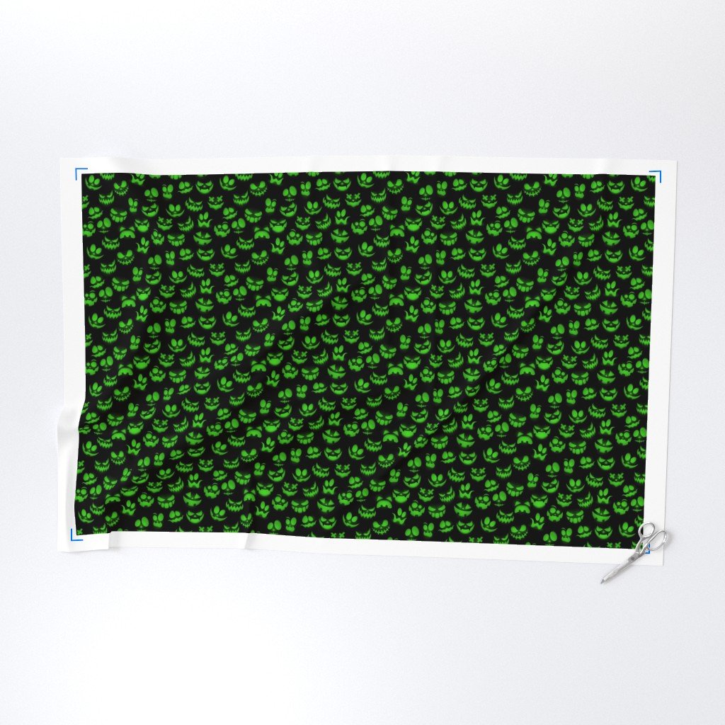 Mini Grinning Halloween Jack o Lantern Faces in Neon Green on Black Fabric green faces fabric