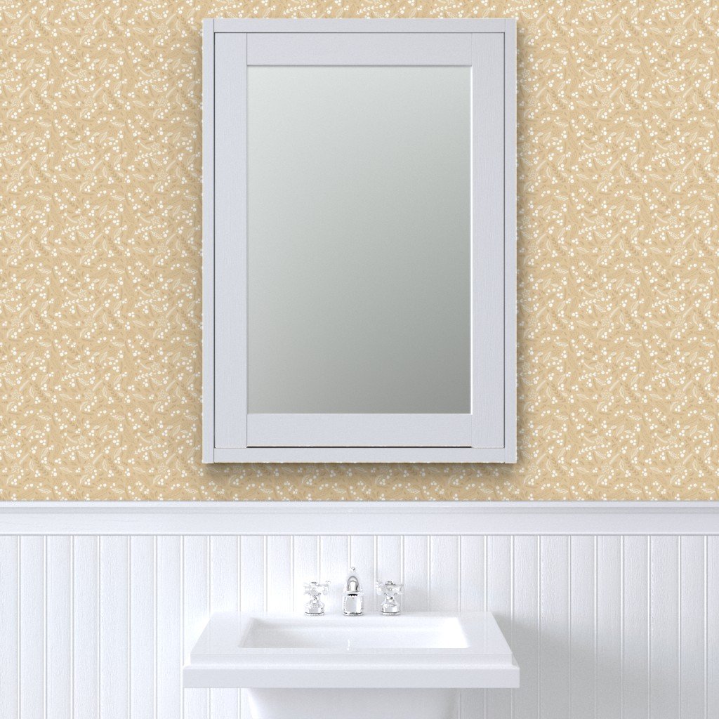 Christmas Beige and White Small Holly and Mistletoe Repeat on Pale Wallpaper christmas blooms wallpaper