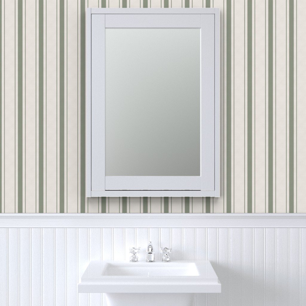 Fern Green Antique Vintage Mattress Ticking Stripe on Cream Wallpaper distressed textile wallpaper