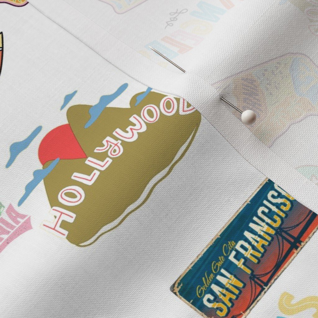California Hand drawn Motifs Golden Gate Bridge Hollywood Sign Palm Fabric golden gate bridge fabric