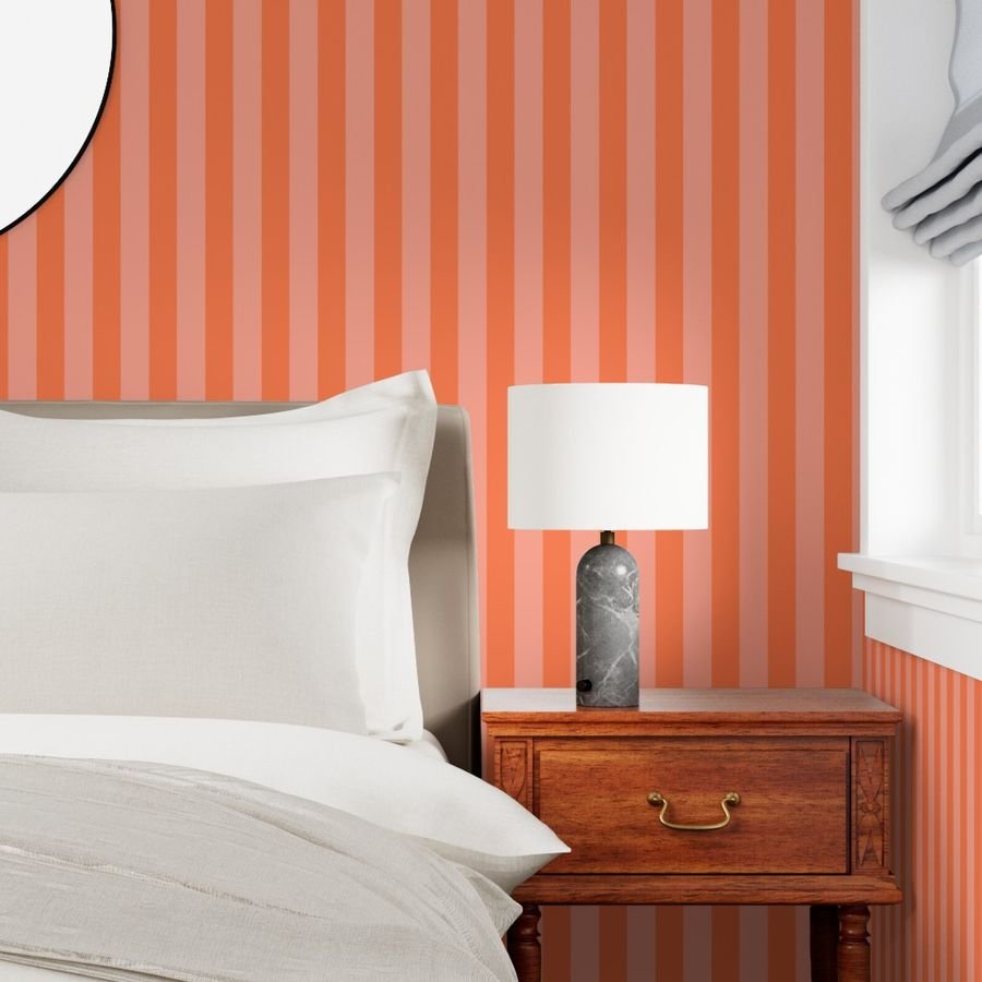 Sunset Coral and Tonal Coral 2 Inch Vertical Cabana Stripes Wallpaper sunset coral wallpaper