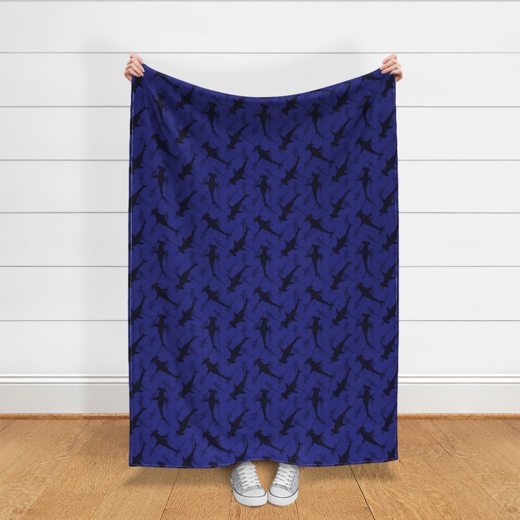 Hammerhead Sharks in Blue Silhouette Circling in Dark Blue Water Fabric blue fabric