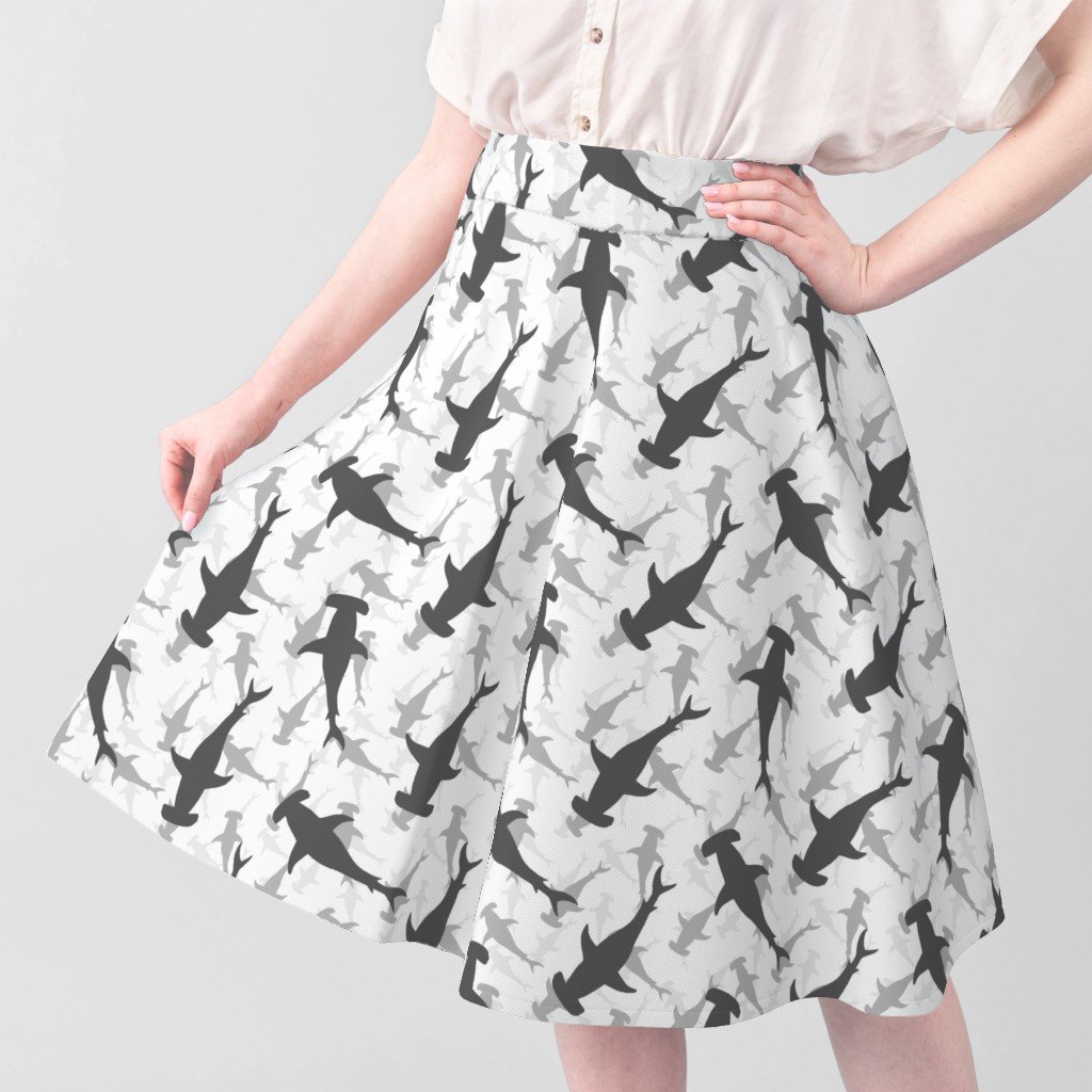 Hammerhead Sharks in Grey Silhouette Circling on White Fabric spiny dogfish fabric
