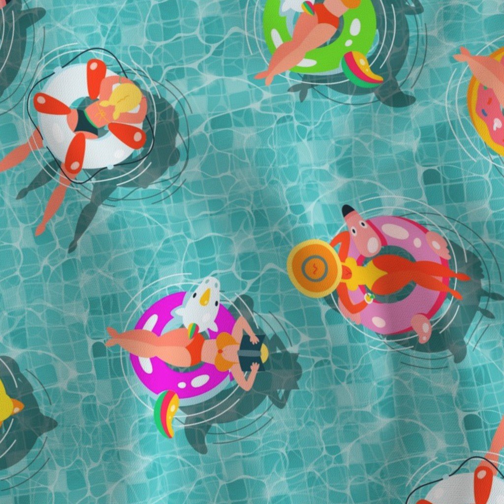 Aqua Summer Pool Party with Ring Floats and Swimmers Fabric aqua water fabric