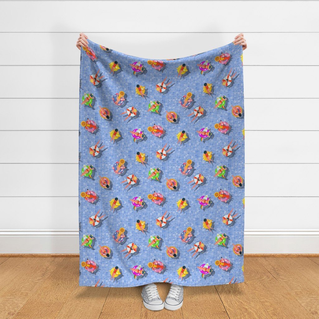 Blue Summer Pool Party with Ring Floats and Swimmers Fabric blue pool fabric