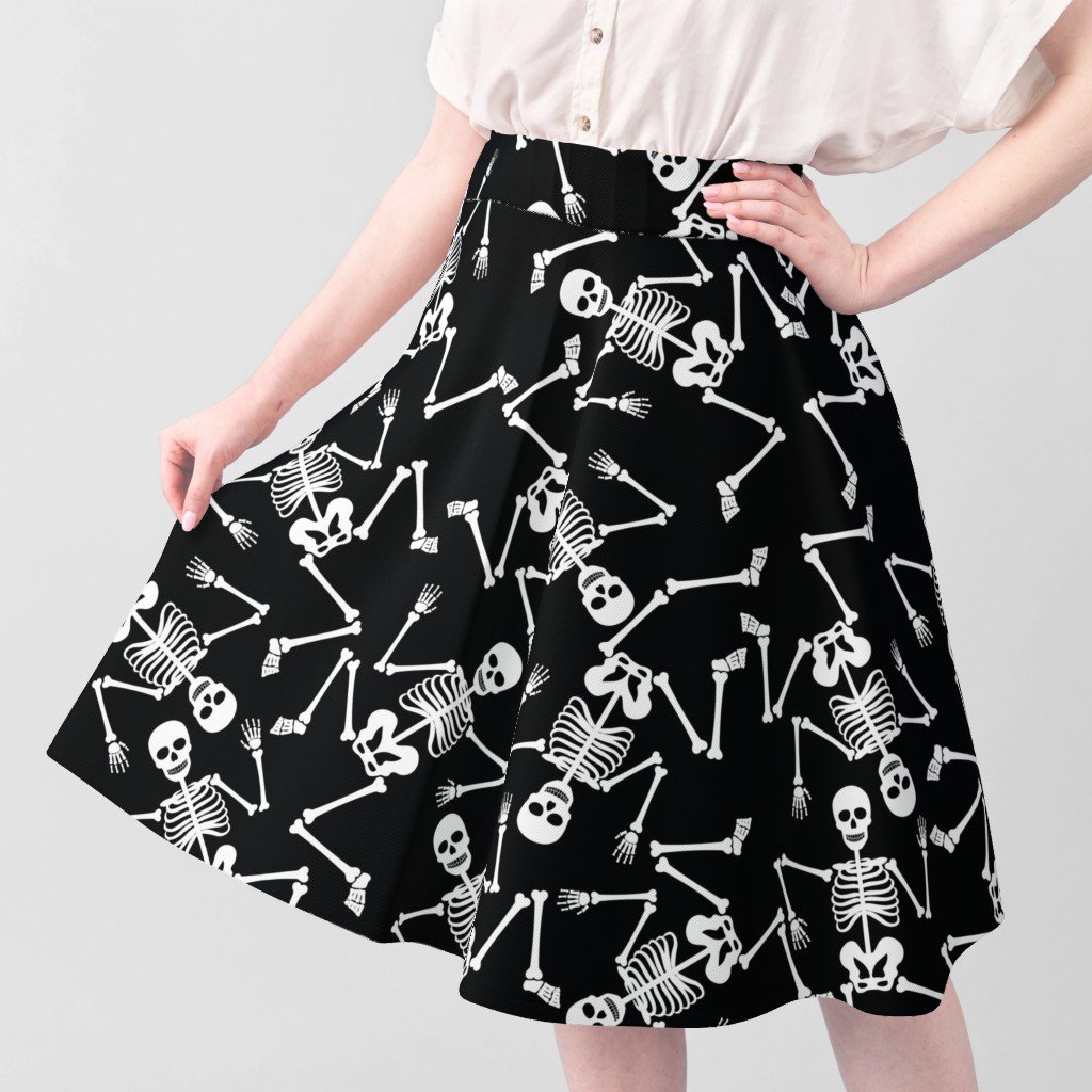 Large White Dancing Halloween Skeletons Scattered On Black Fabric black white fabric