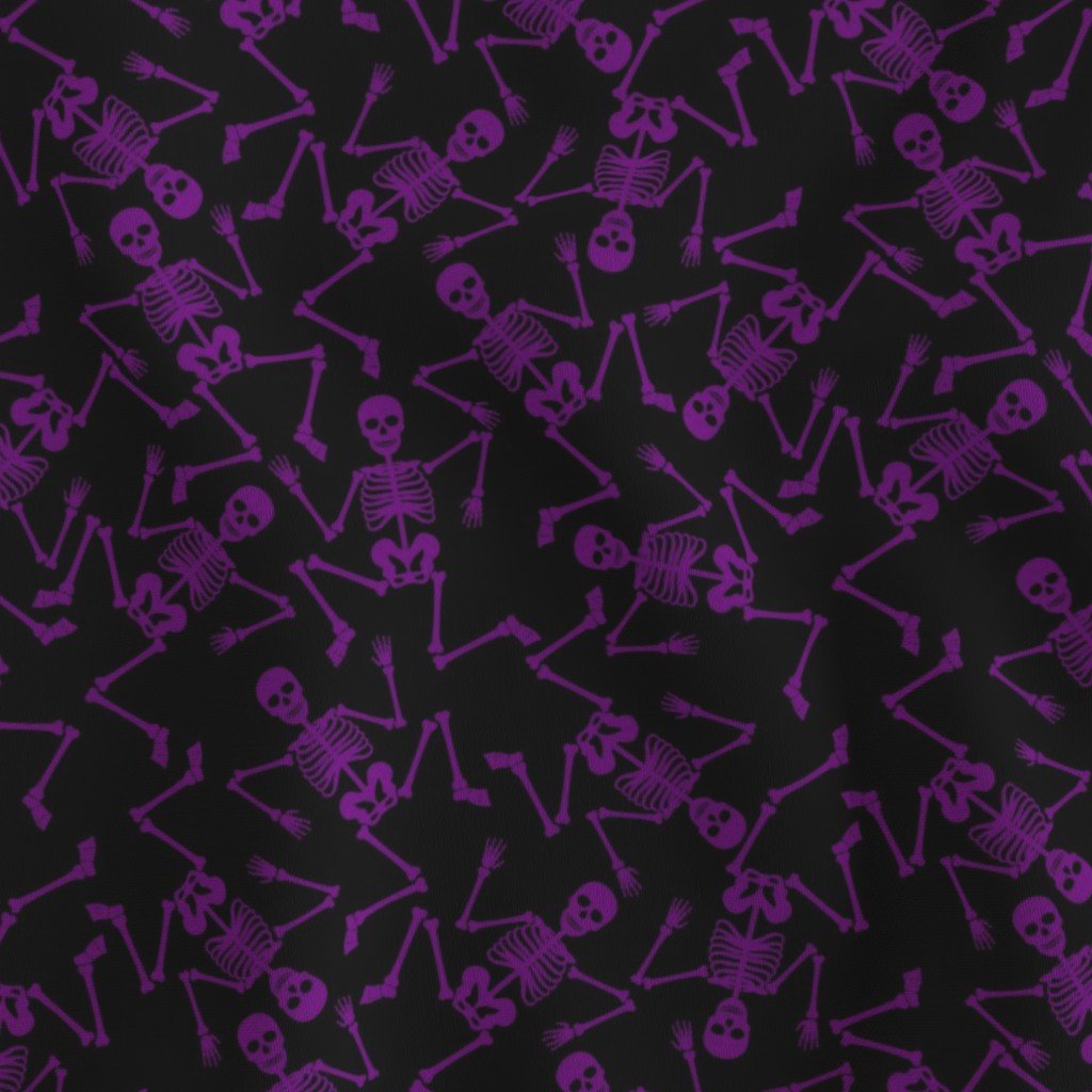 Small Purple Dancing Halloween Skeletons Scattered On Black Fabric dancing skeletons fabric