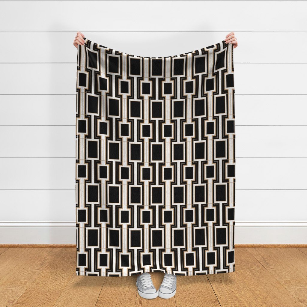 Small Art Deco Geometric Rectangles in Black and Faux Gold with Off Fabric cracked eggshell fabric