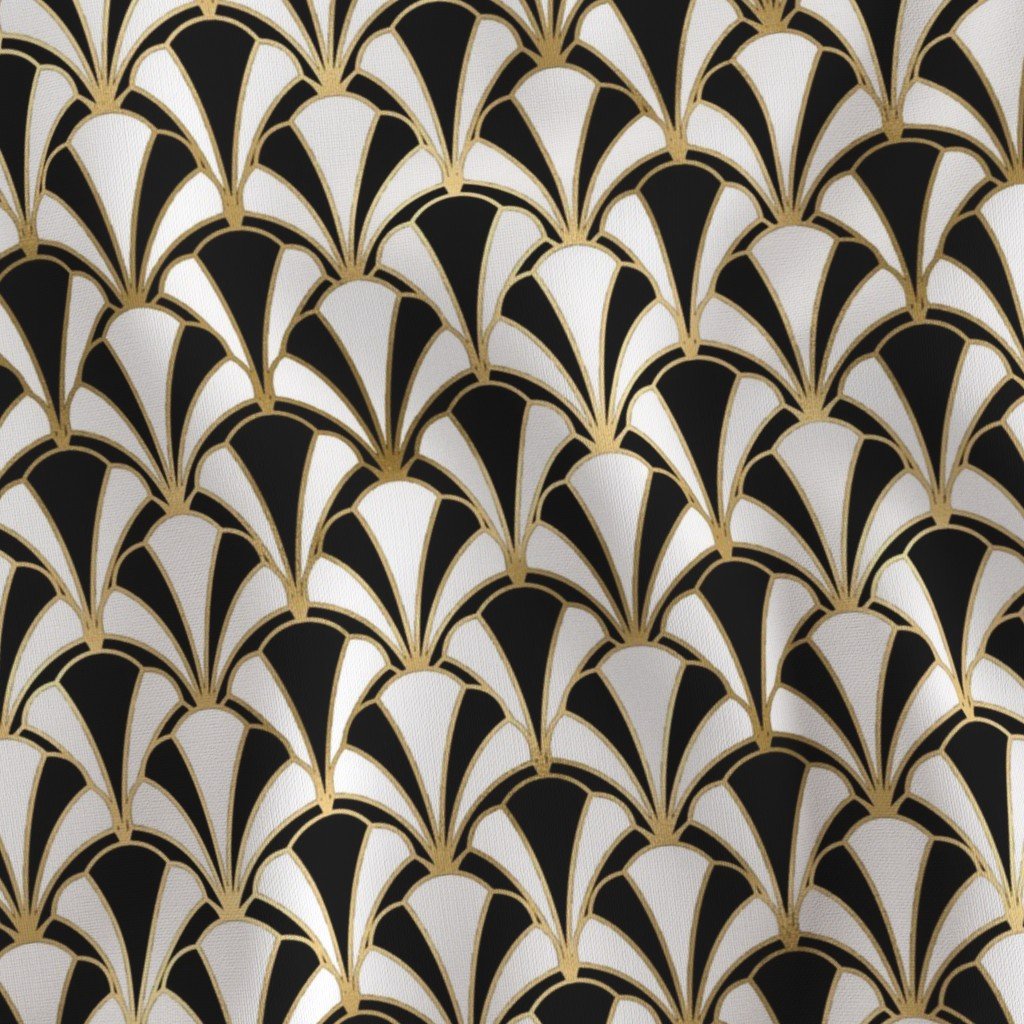 Scallop Shells in Black and Gold Art Deco Vintage Foil Pattern Fabric cracked eggshell fabric