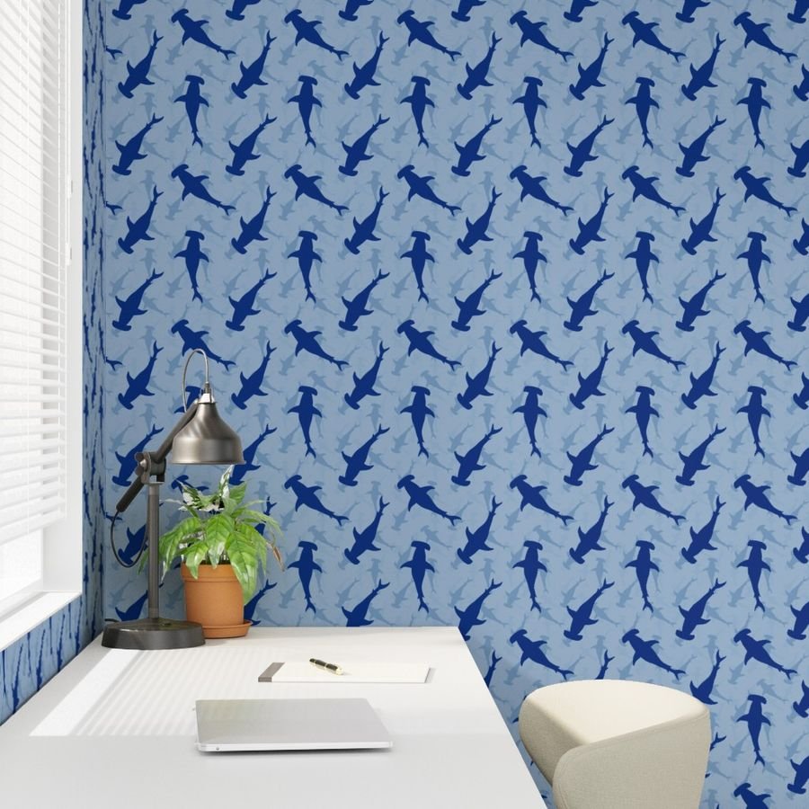 Dark Hammerhead Sharks Silhouette Circling in Sky Blue Water Wallpape sky blue wallpaper