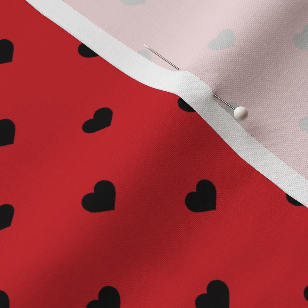 Mini Black Valentines Polkadot Love Hearts on Poppy Red Background Fabric black heart fabric