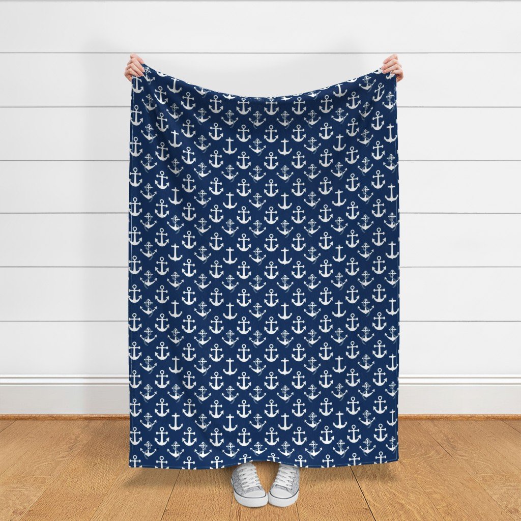 Large Nautical White Sailing Boat Anchors on Blue Fabric white anchor pattern fabric