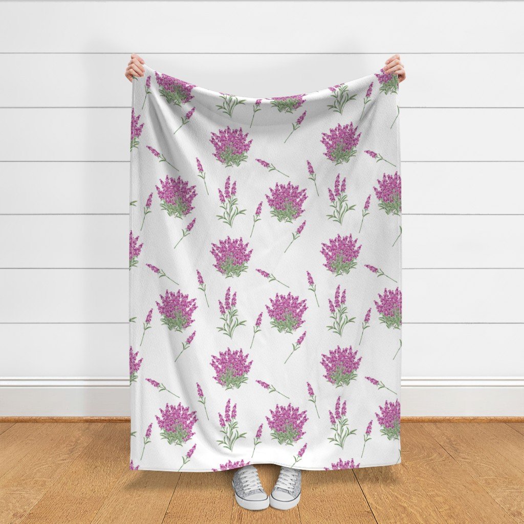 Pink Floral Sprig on White Fabric lavender herbs fabric
