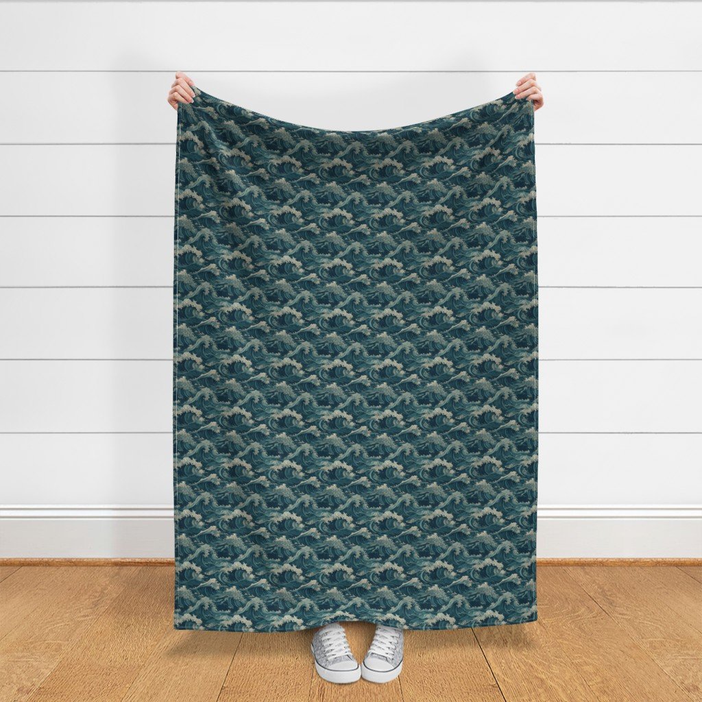 Japanese Woodcut Big Tsunami Waves in Shades of Blue Fabric japan wave fabric