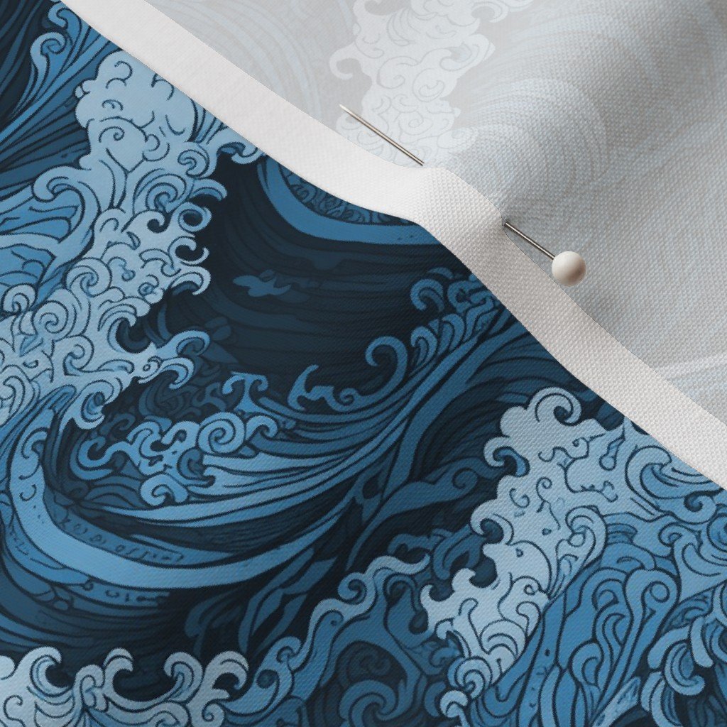 Japanese Woodcut Big Tsunami Waves in Shades of Mid-Blue Fabric japan wave fabric