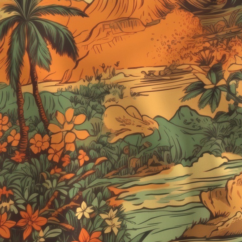 Vintage Hawaiian Landscape Green Fabric hawaiian landscape fabric