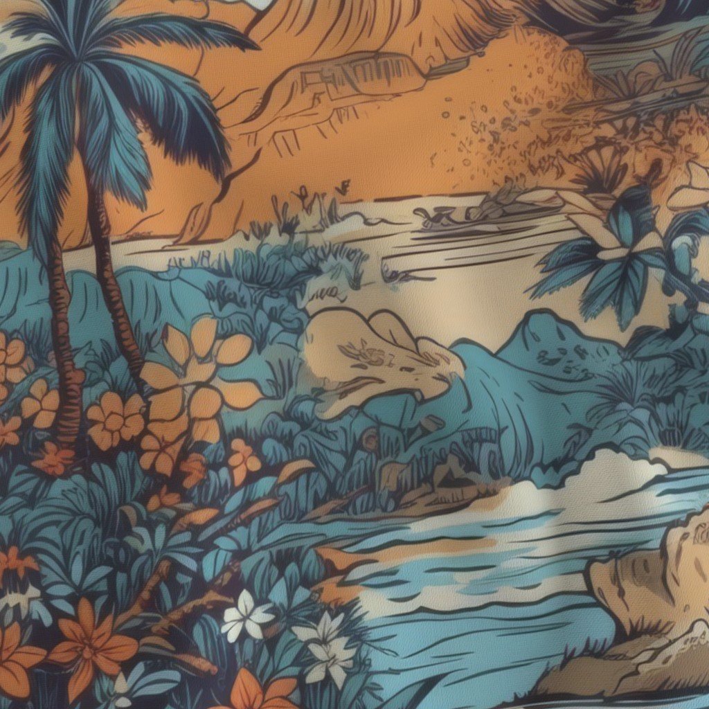 Vintage Hawaiian Landscape Blue Fabric hawaiian landscape fabric