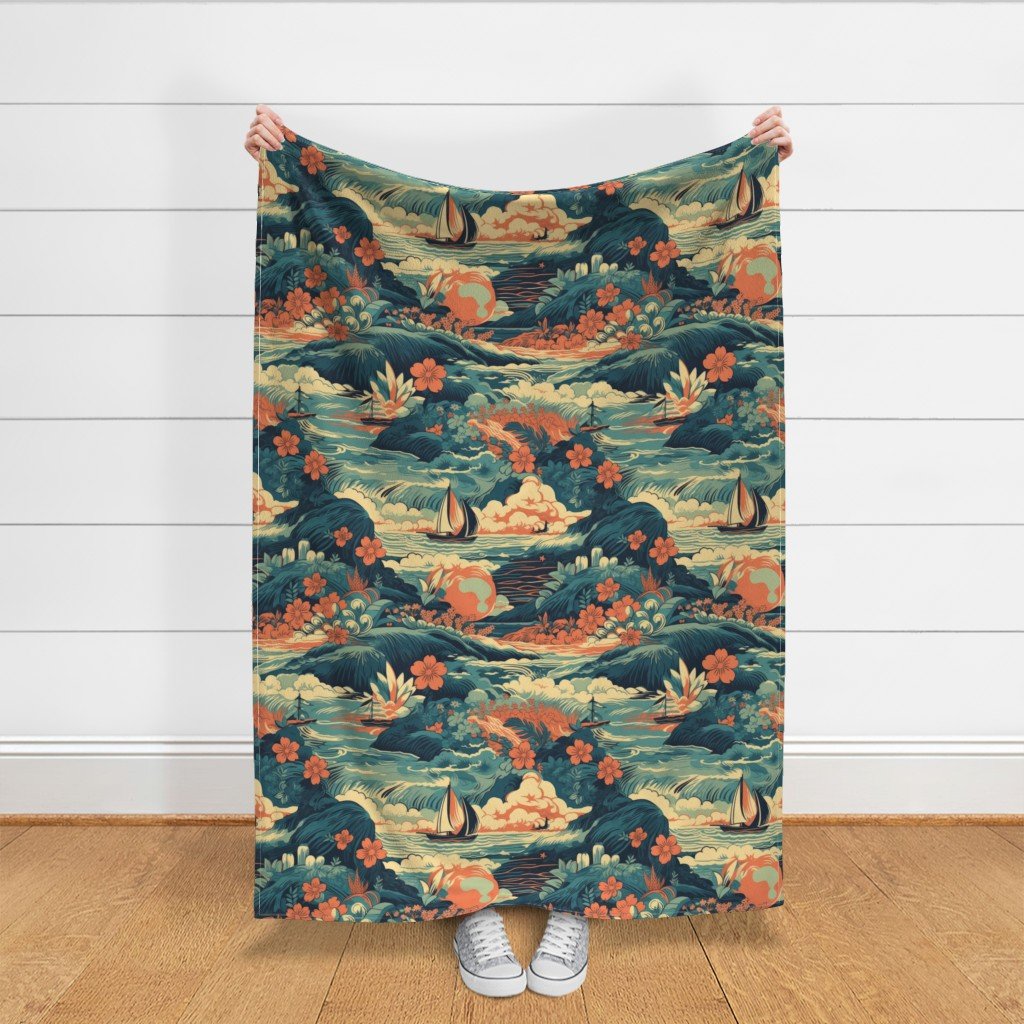 Vintage Hawaiian Seascape Fabric old hawaii fabric