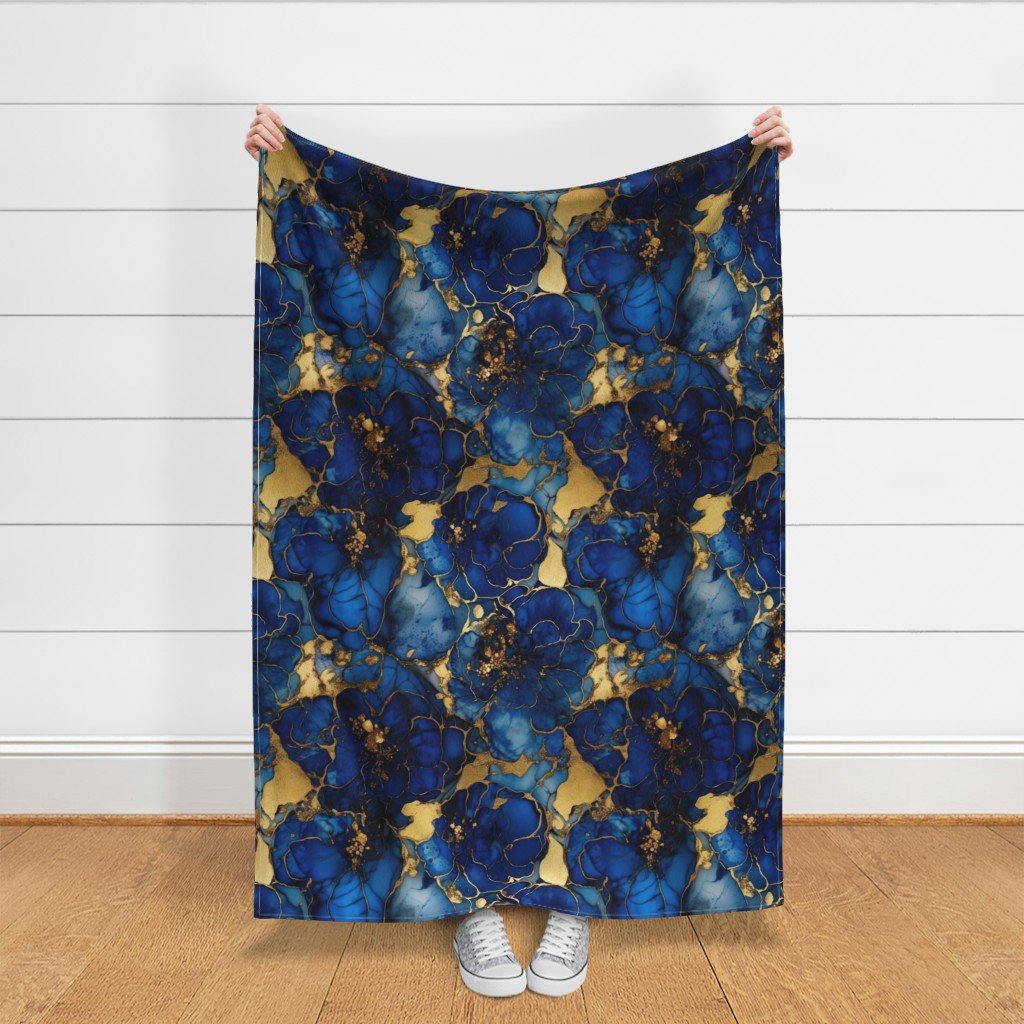 Cobalt Blue and Gold Alcohol Ink 4 Fabric inky pattern fabric
