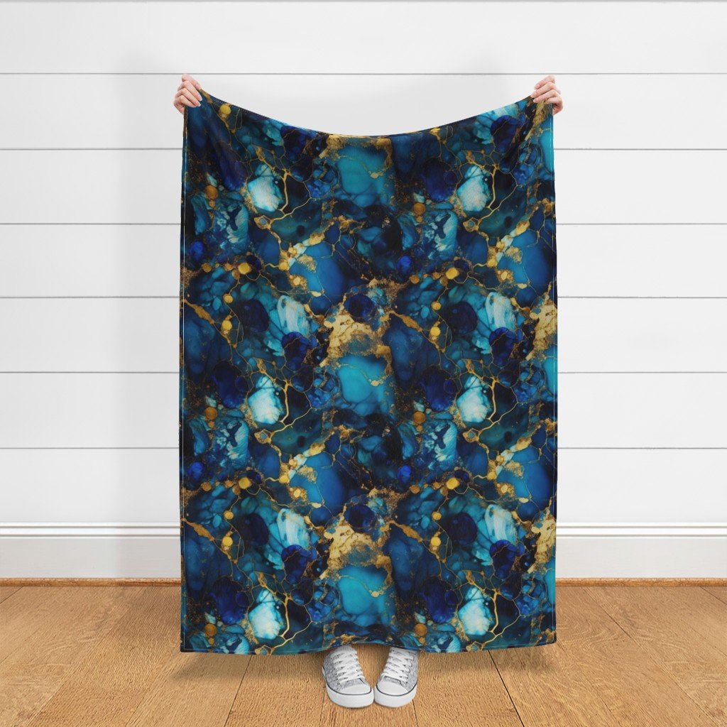 Gold and Blue Sapphire Alcohol Ink 1 Fabric blue ink fabric